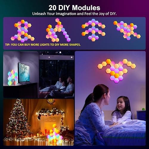 OJQ 20 Pack Hexagon Lights Wall RGB Panel - Hexagonal Led Lights Room Decor Wall Lights Smart APP Music with Sync Honeycomb Shape Panels Hexagon Gaming Lights for Bedroom Children thumbnail 3