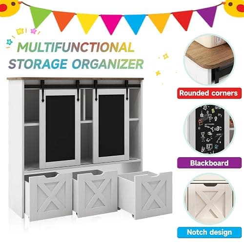 Vabches Toy Storage Organizer with Sliding Chalkboard, Kids Bookshelf and Bookcase with 3 Movable Drawers & 5 Storage Cubbies, Multifunctional Storage Cabinet Toy Chest for Playroom,Nursery, Kids Room thumbnail 3