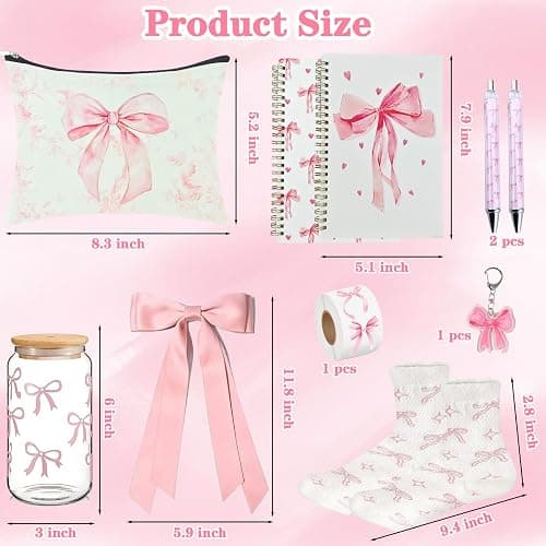 10 PCS Pink Bow Stuff Gift with Bow Cup, Preppy Makeup Bag, Notebook | Hairband, Sock, Bow Keychain,Pen,Sticker for Birthdays Present, Coquette Preppy Bow Accessories Set for Girl Women thumbnail 3