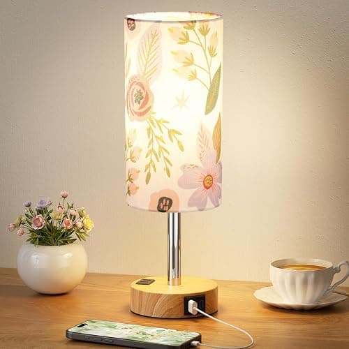 Fenmzee Floral Touch Lamp for Bedroom- 3 Way Dimmable Bedside Lamp USB C A Charging Ports and AC Outlet, Small Table Lamp Floral Linen Lampshade for Gift, LED Bulb Included - Image 1