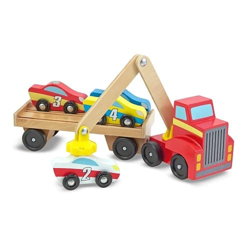 Melissa & Doug Magnetic Car Loader Wooden Toy Set with 4 Cars and 1 Semi-Trailer Truck Crane Wooden Toy, Vehicle Toys for Kids Ages 3+ thumbnail 4