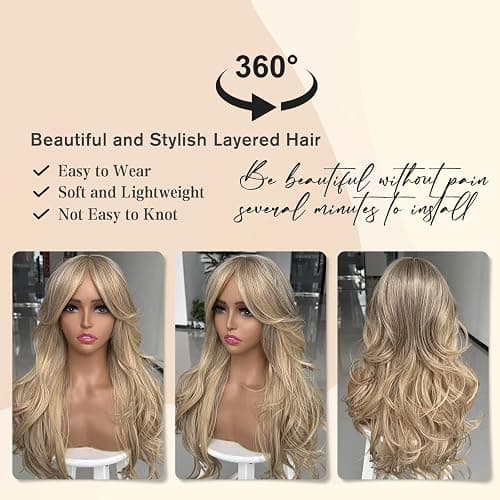 Jolelyne Long Golden Blonde Wavy Layered Wig with Curtain Bangs for White Women Synthetic Platinum Blonde Highlight Wig Light Brown Body Wave with Bangs Middle Part for Daily Party Use thumbnail 3