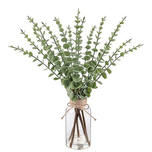 Bessol Artificial Eucalyptus Stems in Glass Vase with Faux Water,16.54" Fake Plants for Home Decor, Coffee Table Centerpieces, Office, Bathroom & Farmhouse Weddings - Faux Greenery Plants Decorations - Image 1