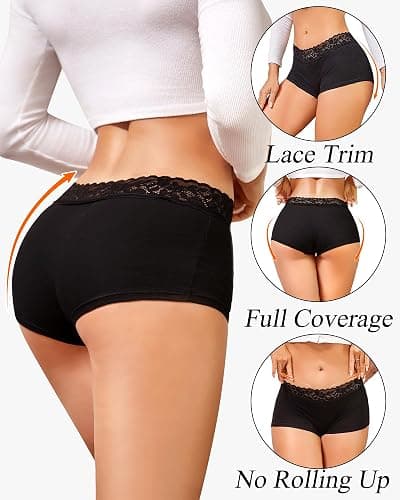 FINETOO Cotton Underwear for Women Boy Shorts Lace Boxer Briefs Soft Full Coverage Womens Panties 5 Pack S-XXL thumbnail 5