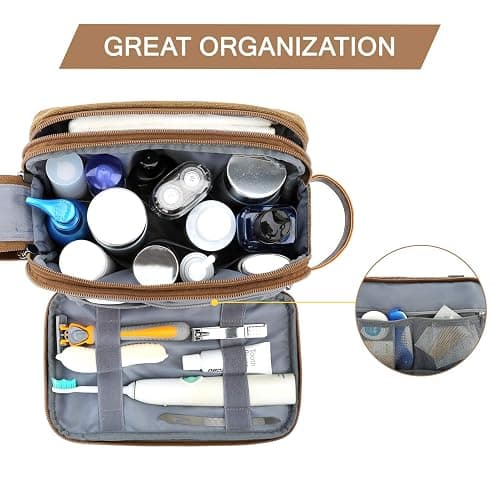 BAGSMART Toiletry Bag for Men, Canvas Travel Toiletry Organizer Dopp Kit Water-resistant Shaving Bag for Toiletries Accessories,Khaki-Medium thumbnail 3
