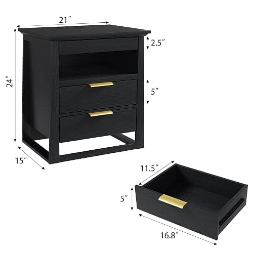 Rresyet Nightstand with Sensor LED Light and Charging Station, 24" Tall End Table with 3 Drawers, Modern Night Stand with Storage, Wooden Bedside Table for Bedroom. (Black) thumbnail 2