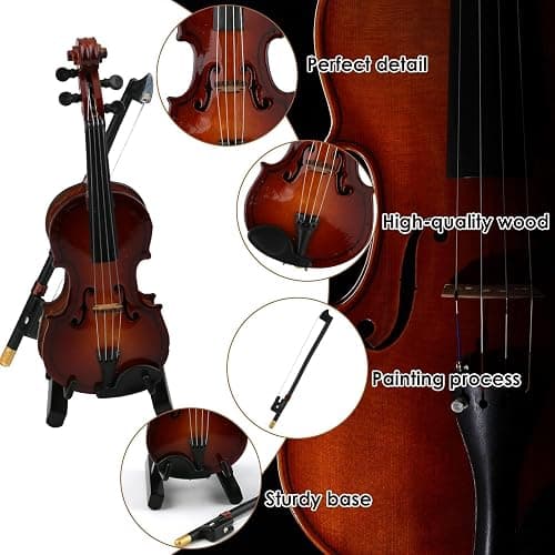 10CM Miniature Violin - Tiny Wooden Musical Instrument Model with Stand, Bow & Black Leather Case - Worlds Smallest Emergency Violin for Kids Gift & Decorating thumbnail 3