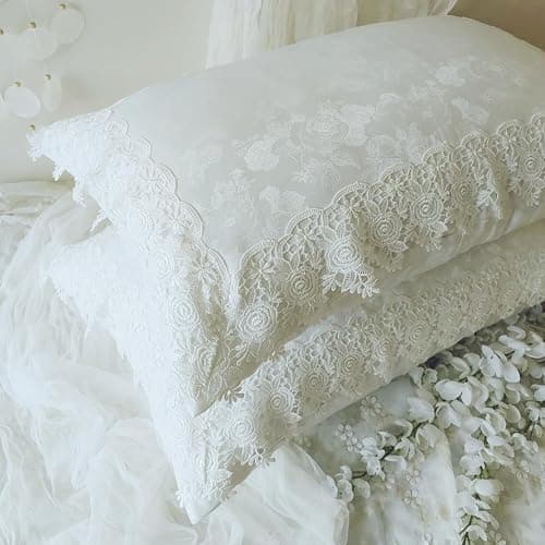High-End White Pillow Cover with Carved Art & Lace,Floral Pillow Shams 20x26 Inch Set of 2,Pillowcases Standard Size for Farmhouse Décor Pillowcases - Image 1
