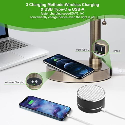 FIRVRE Glass Bankers Desk Lamp with Wireless Charger, 2 USB Charging Port, Vintage Desk Lamp with Pull Chain Switch, Retro Table Lamps for Home Office, Piano, Library (Bulb Included) thumbnail 2