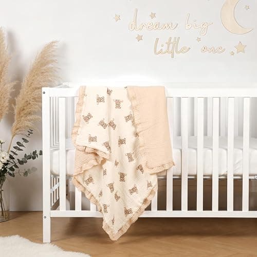 100% Organic Cotton Muslin Baby Blanket Flounce Edge Large 50"x43" Teddy Bear, Soft Breathable Toddler Quilt Crib Blankets Gender Neutral for Baby Boys and Girls Bassinet, Bed, Stroller & Snuggling thumbnail 6