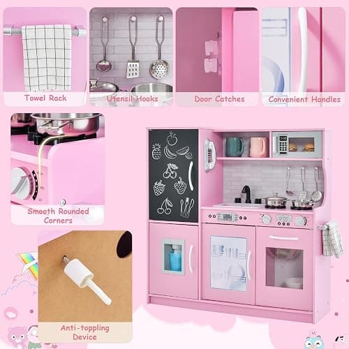 HONEY JOY Pink Kids Kitchen Playset, Wooden Little Chef Pretend Toy Kitchen Set w/Chalkboard, Telephone, Utensils, Oven, Microwave, Sink, Play Kitchen for Toddlers, Gift for Boys Girls, Pink thumbnail 6