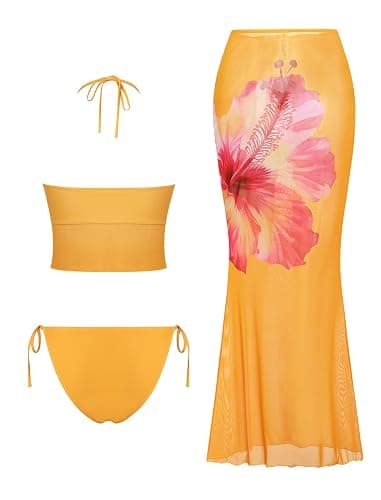 ZAFUL Women 3 Piece Bikini with Cover Up Skirt Halter Bandeau Swimsuit Floral Tie Side Cheeky Bathing Suit thumbnail 3