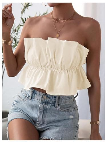 GORGLITTER Women's Strapless Bubble Tube Tops Ruffle Open Back Sleeveless Cute Summer Bandeau Peplum Crop Tops 2025 thumbnail 4
