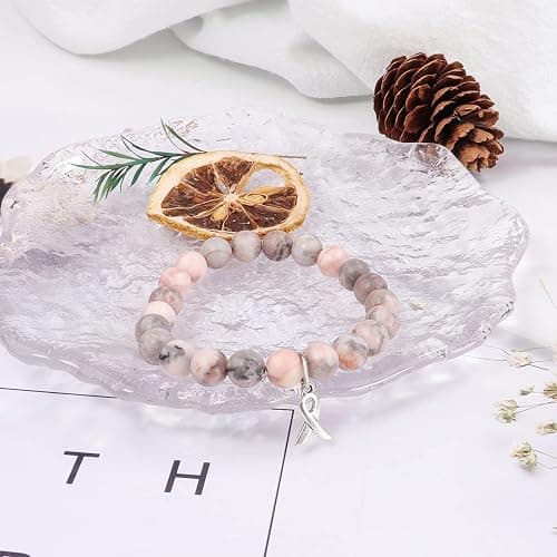 ZLLOO Natural Stone Bracelet for Women Pink Ribbon Awareness Handmade Beaded Encouragement Gift with Message Card thumbnail 7