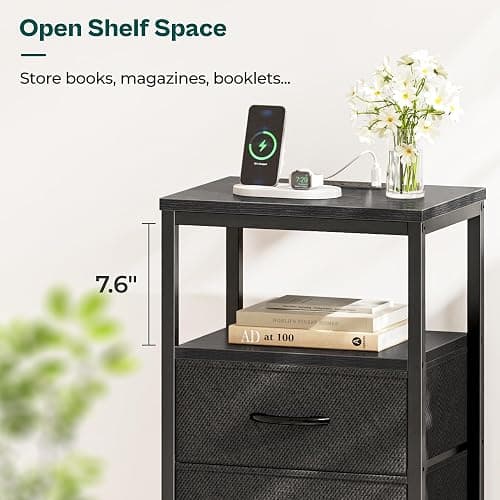 Huuger Nightstand with Charging Station, Side Table with 2 Fabric Drawers, End Table with Open Shelf, Bedside Table with USB-C Port and Outlets, Night Stand for Bedroom, Black thumbnail 7