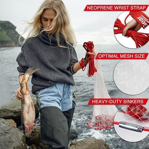 BasicGear Cast Net | 3ft-12ft Radius, 3/8 or 1/4 inch Mesh for Freshwater and Saltwater Bait Fish| Professional Grade and Upgraded Material | Throw Style thumbnail 5