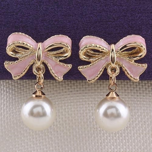 GRACE JUN Pink Bowknot Shape Clip on Earrings Without Piercing for Women Pearl Drop Earrings(Pink Bowknot Clip-ons) thumbnail 6
