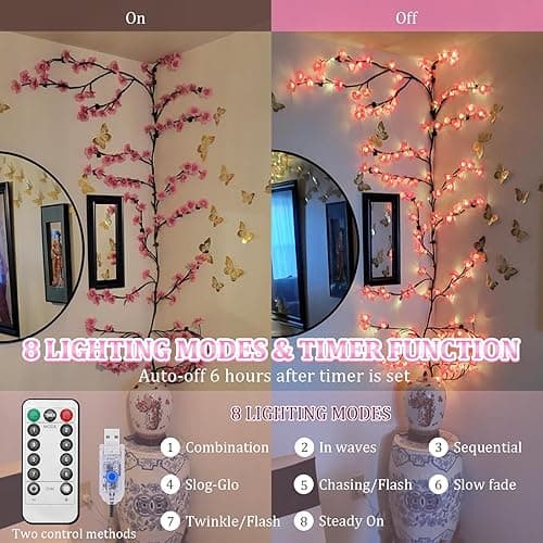 DIY Cherry Enchanted Willow Vine Lights,4 FT 48 LED Cherry Blossom Lights with Remote Timer,8 Lighting Modes,LED Tree Branch Light for Wall,Cherry Blossom Wall Decor for Bedroom Living Room Window thumbnail 4