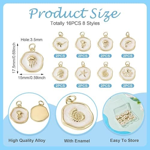 Cheriswelry 16Pcs 18K Gold Plated Sea Animal Charms Flat Round Enamel Alloy Pendants Ocean Summer Beach Craft Charms 17.5x15mm for DIY Bracelet Necklace Earring Jewelry Making thumbnail 4