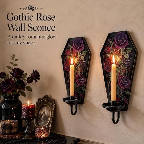 Gothic Coffin Wall Candle Sconce Set of 2, Dark Romantic Rose Thorn Backplate with Removable Trays for Taper & Pillar Candles, Gothic Decor for Living Room Bedroom, Year-Round Halloween Home Accent thumbnail 2