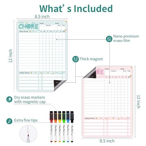 Magnetic Dry Erase Chore Chart - 8.5"x12" Behavior Responsibility Chore Board for Kids, Teenagers - 6 Extra Fine Point Markers Included - Shipped Flat 2 Pcs Blue & Pink thumbnail 3