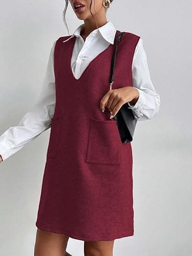 OYOANGLE Women's V Neck Sleeveless Knitted Solid Short Sweater Dress with Pockets thumbnail 7