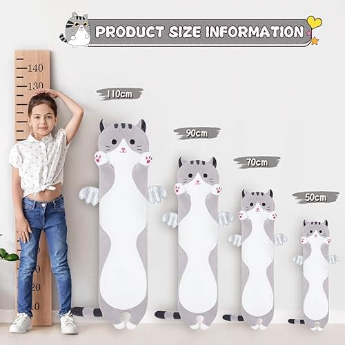 Yeqivo Soft Cat Plush Pillow, Grey Long Cat Stuffed Animals Soft Long Kitten Plushies Kawaii Cat Stuffed Plush Toy for Kids Girlfriend(50cm/19.6inch) thumbnail 6