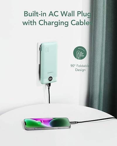 VEGER Portable Charger with Built-in AC Plug and Cables, All in One 10000mAh Ultra Slim Power Bank Travel Essentials, 15W Fast Charging Battery Pack Compatible with iPhone, Samsung, Android (Green) thumbnail 3