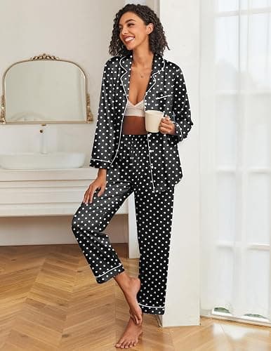 Ekouaer Womens Satin Pajama Set Classic Pattern Silky Pj Sets Button Down Sleepwear Loungewear thumbnail 4
