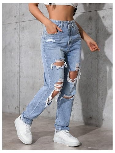 Floerns Women's High Waisted Distressed Jeans Straight Leg Casual Ripped Denim Pants thumbnail 2