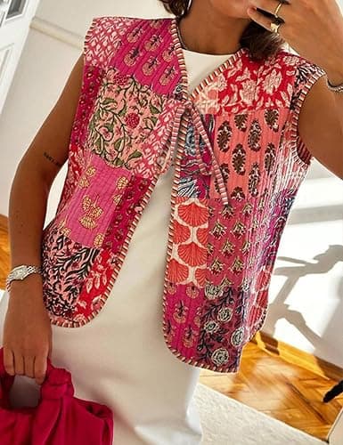 Yimoon Women's Cropped Quilted Vest Floral Printed Puffer Vest Lightweight Sleeveless Tie Front Padded Gilet Outwear thumbnail 2
