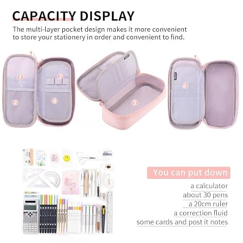 CICIMELON Durable Pencil Case Big Storage Pen Pouch Bag for School Supplies Office College Teen Girls Adults, Pink thumbnail 3