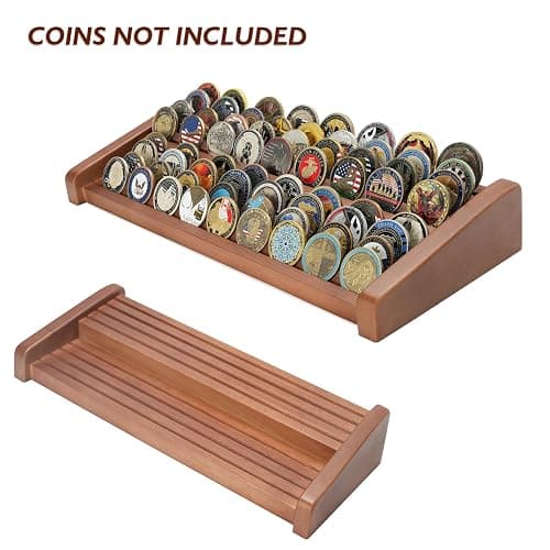 ASmileIndeep 8 Rows Solid Wood Challenge Coin Display Stand - Military Holder for Up to 60-70 Coins - Ideal Rack for Army Navy Marine Corps Law Enforcement Collectors, Walnut Finish thumbnail 5