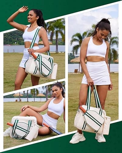 Movker Pickleball Tote Bag for Women Men with Paddle Cover Pocket External Ball Bag and Adjustable Shoulder Strap Fence Hook - Beige thumbnail 7