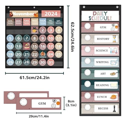 Monthly Calendar Pocket Chart for Classroom, Printed Days of The Week with Cards, Learning for Home or Kindergarten, Teacher Must Have Supplies That Fits Any School Décor (Black Calendar+Daily Schedule) thumbnail 2