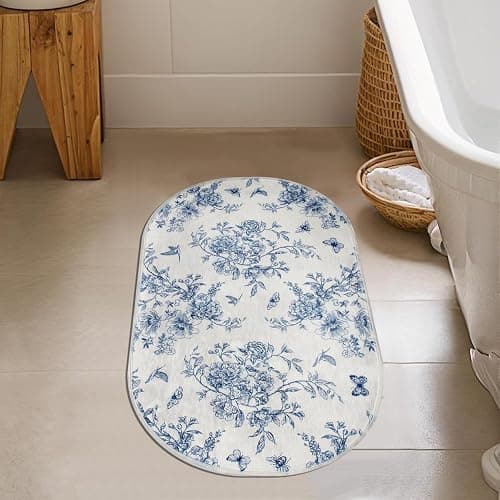 Blue Floral Chinoiserie Bath Mats for Bathroom Blue and White Flower Vintage Rug for Room Decor (31x20inch, Flower and Birds) thumbnail 2