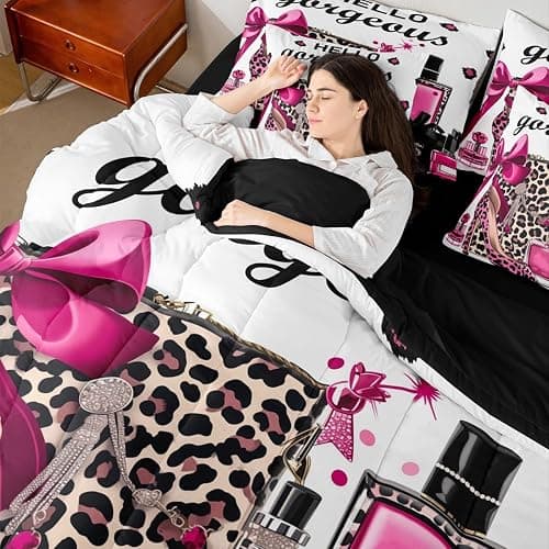 Erosebridal Black and Pink Leopard Print Comforter Set King Size | Fashion Modern Girly Bedding Set 7 Pieces Bow Perfume High Heels Bed Sets Trendy Stylish Girls Bed in A Bag with Flat Fitted Sheets thumbnail 7