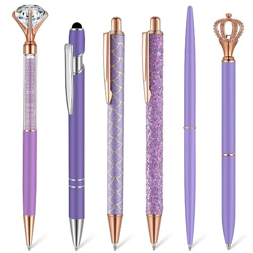 Qeeenar 6 Pcs Ballpoint Pens Set Metal Crystal Diamond Pen for Journaling Glitter Pretty Cute Stationery Black Ink Fancy Gifts for Women Girls Teacher Office Wedding School Supplies(Purple Series) - Image 1