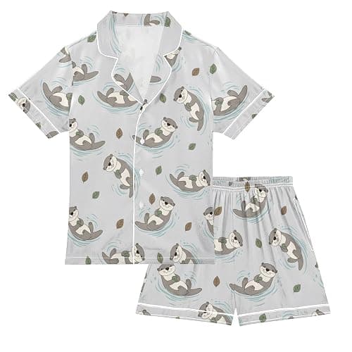 OWFKAY Kids Satin Pyjamas Set, Gray Otters Cute Girls Short Sleeve Button-Down Pajamas Pjs - Image 1