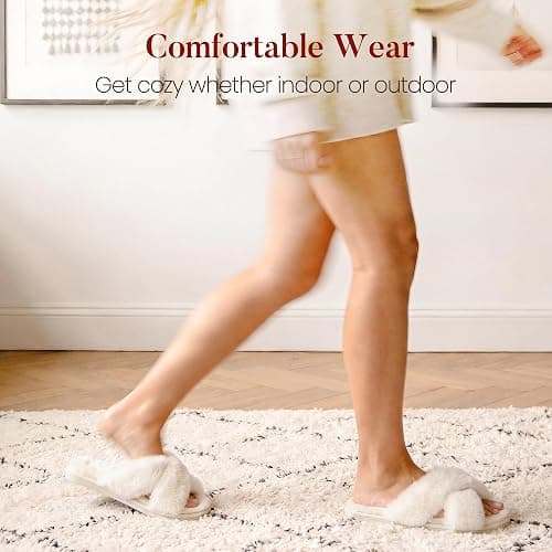 Ankis Memory Foam Fuzzy Slippers for Women,Open Toe House Shoes | Faux Fur Cross Band,Indoor Outdoor Slippers, Anti-Slip, Comfy, Cozy, Fluffy, Gifts for Women, Mom Bride Bridesmaids thumbnail 5