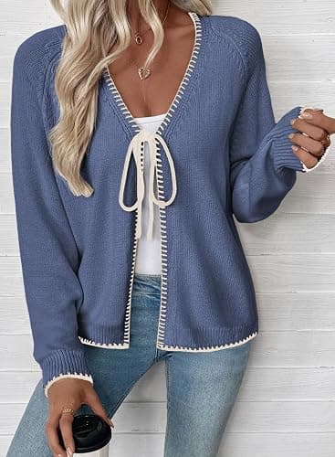 EVALESS Cardigan Sweaters for Women 2026 Trendy Lightweight Knit Fall | Long Sleeve Open Front Bow Tie Sweaters,Fashion Winter Spring Chunky Outerwear,Dressy Casual Work Business Vacation Outfits thumbnail 4