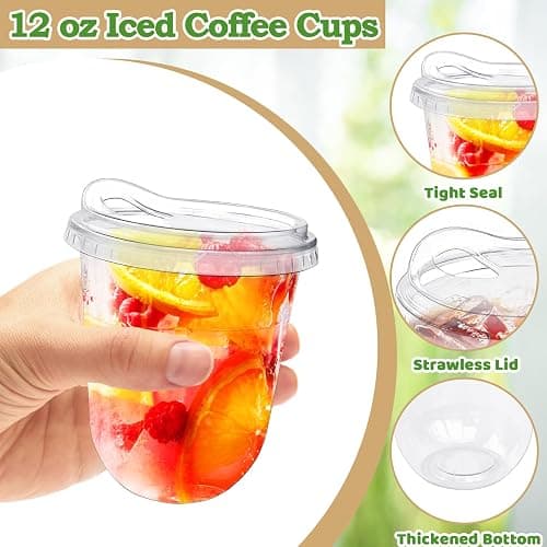 Alaeseje 50 Pack Clear Plastic Cups with Strawless Sip Lids,12 oz Iced Coffee Cups with Lids,Disposable PET Crystal Cups,Round Bottom To Go Cup for Iced Coffee Juice Smoothie Cold Beverage thumbnail 4