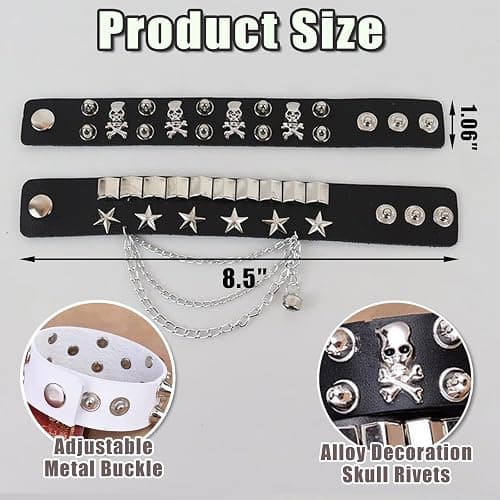 NPENGHUI 2-Piece Punk Rock Bracelet Set Studded Leather Cuff Bracelets with Metal Skull Adjustable Wrap Wrist Cuffs Vintage 80s Emo Goth Jewelry Accessories for Halloween Concerts and Festival Outfit thumbnail 2