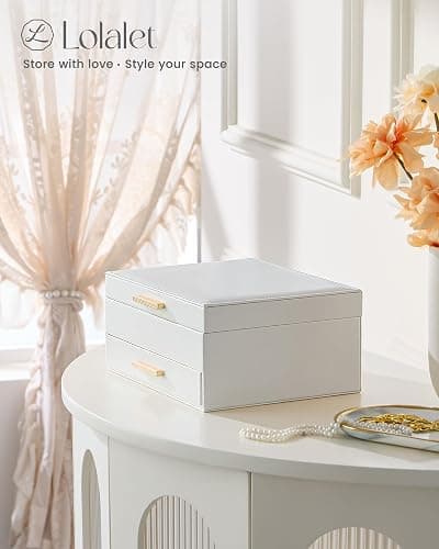 Lolalet 2-Layer Jewelry Box Organizer for Women Girls, Jewelry Storage Case Holder with Drawers for Necklaces Ring Earrings Bracelet Watch, Gifts for Galentines Valentines Girlfriend Wife -Beige thumbnail 4