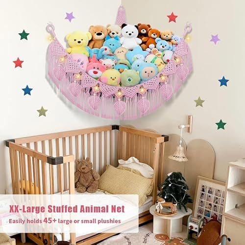 Stuffed Animal Storage Hammock Corner, 56'' Large Stuffed Animal Net Organizer for Teddy Plush Nursery Decor, Boho Macrame Leaf Toy Holder, Light Pink Toy Net w/ LED Star Light for Kid Girl Gift thumbnail 3