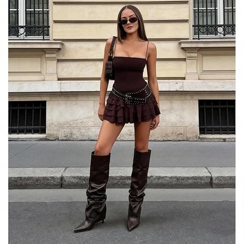 MOTIMODEN Women's Knee High Boots Fold Over High Heel Pointed Toe Black White Long Boots Women Dress Tall Boots for Women thumbnail 2