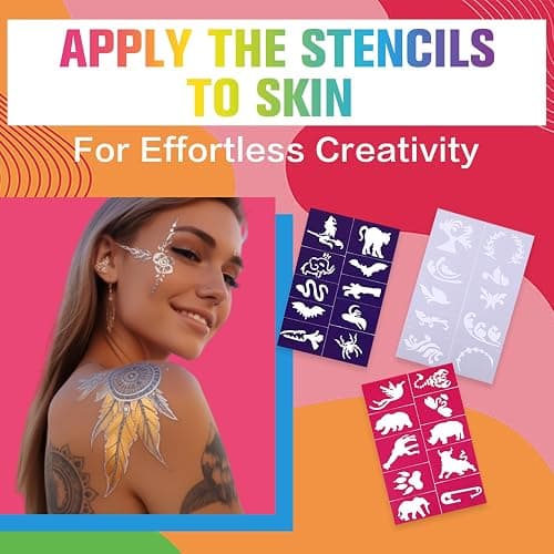 Temporary Tattoo Markers for Skin,15PCS Dual-Ended Tattoo Pen + 50 Paint Stencils + 43 Tattoos Stickers,Glitter & Matte & Neon Glow Body Marker Set, Removable Fake Tattoos Kit for Teens and Adult thumbnail 6