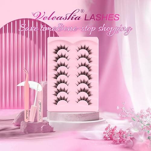 Veleasha Lashes Kit Manga Eyelashes Cat Eye Lashes Spiky Eyelash C Curl with Lash Glue & Tweezers Lash Wispy Natural Look False Eyelashes with Soft Cotton Band 7 Pairs Pack (Sunny Kit) thumbnail 6
