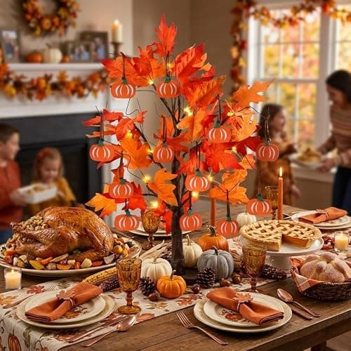hogardeck Fall Decorations for Home, Thanksgiving Decorations, 24”2FT Lighted Maple Leaves Tree with 24 LEDs & 12 Wood Pumpkin Ornaments, Battery Powered Timer Artificial Trees for Autumn Table Decor thumbnail 7