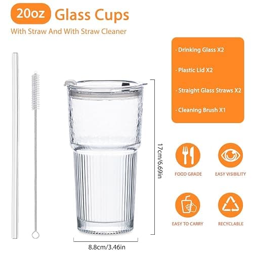 SoulTimes 20oz Glass Tumblers with Lids and Straws, Set of 2 - Stylish Ribbed Design Drinking Glasses for Iced Coffee Cups, Juice, Smoothies, Cold Beverages, Includes Cleaning Brush, Durable Glassware thumbnail 3
